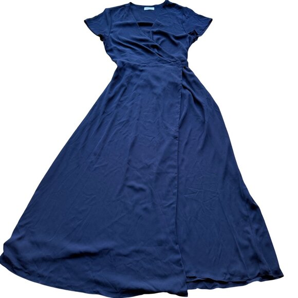 Babaton Size L Navy Blue Lexia Short Sleeve Deep V-Neck Maxi Wrap Dress - Picture 2 of 16